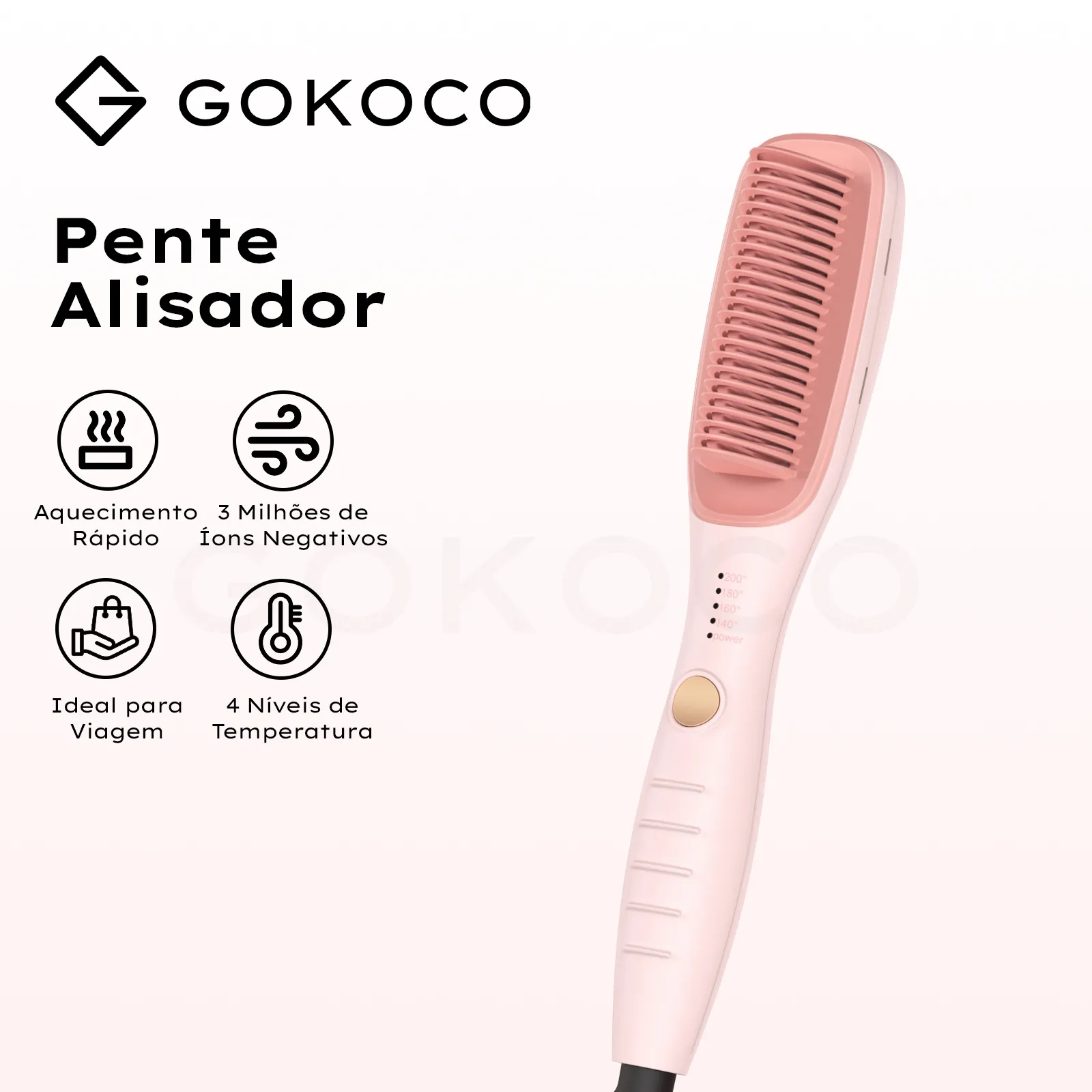 GOKOCO Escova Alisadora de Cabelo Bivolt com Íons Negativos | Alisamento Rápido e Sem Frizz